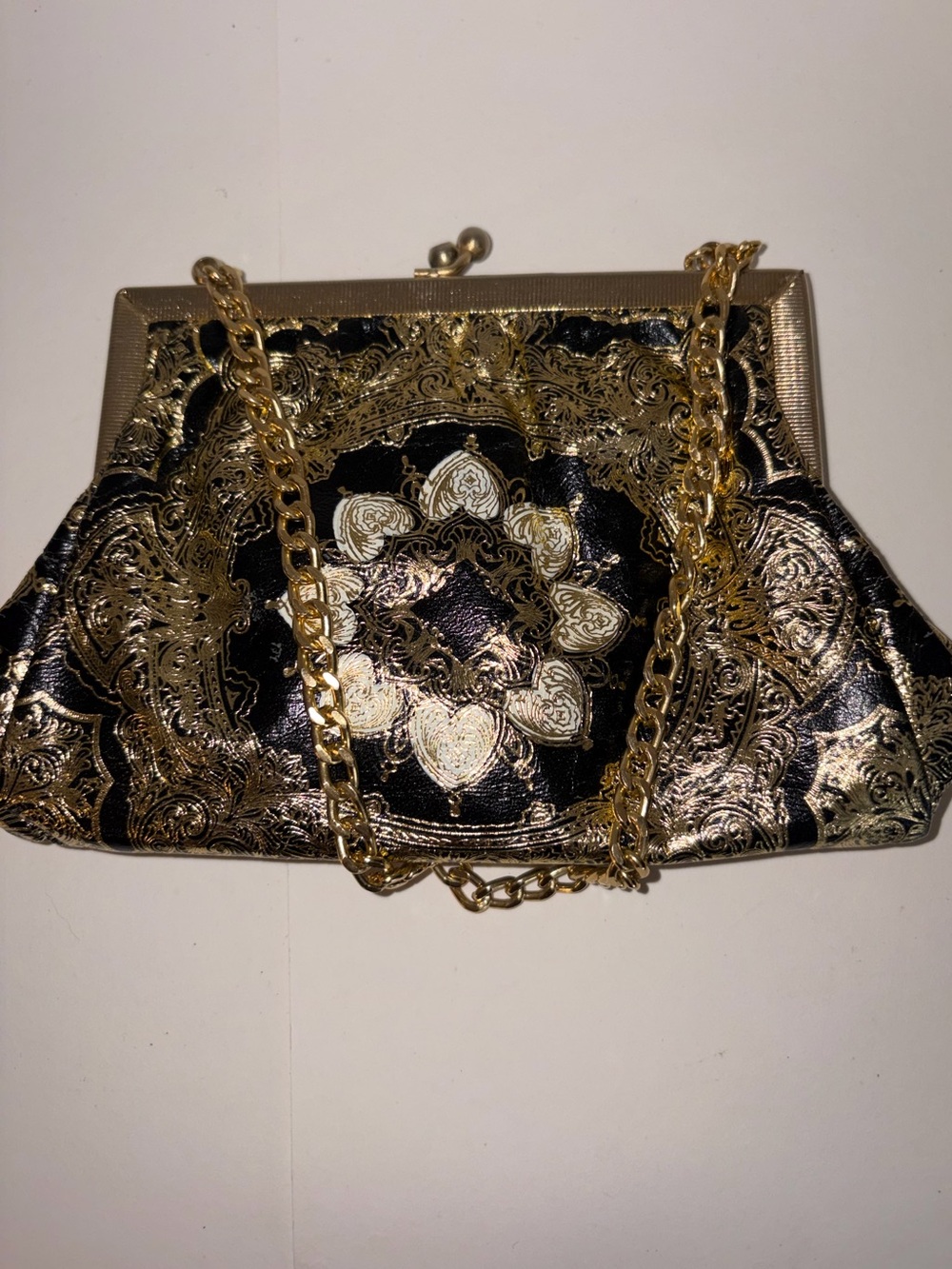 Gold & Black Metallic Floral Frame Clutch